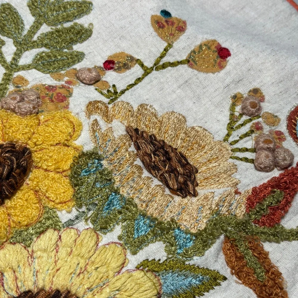 Pier 1 Pillow Cover Cream Orange Embroidered Sunflower Fall Harvest Floral Bird